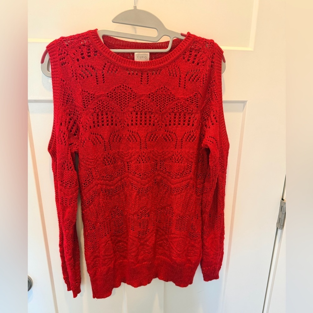 Cupio Women’s M Red Open Knit Metallic Sweater Long Sleeve